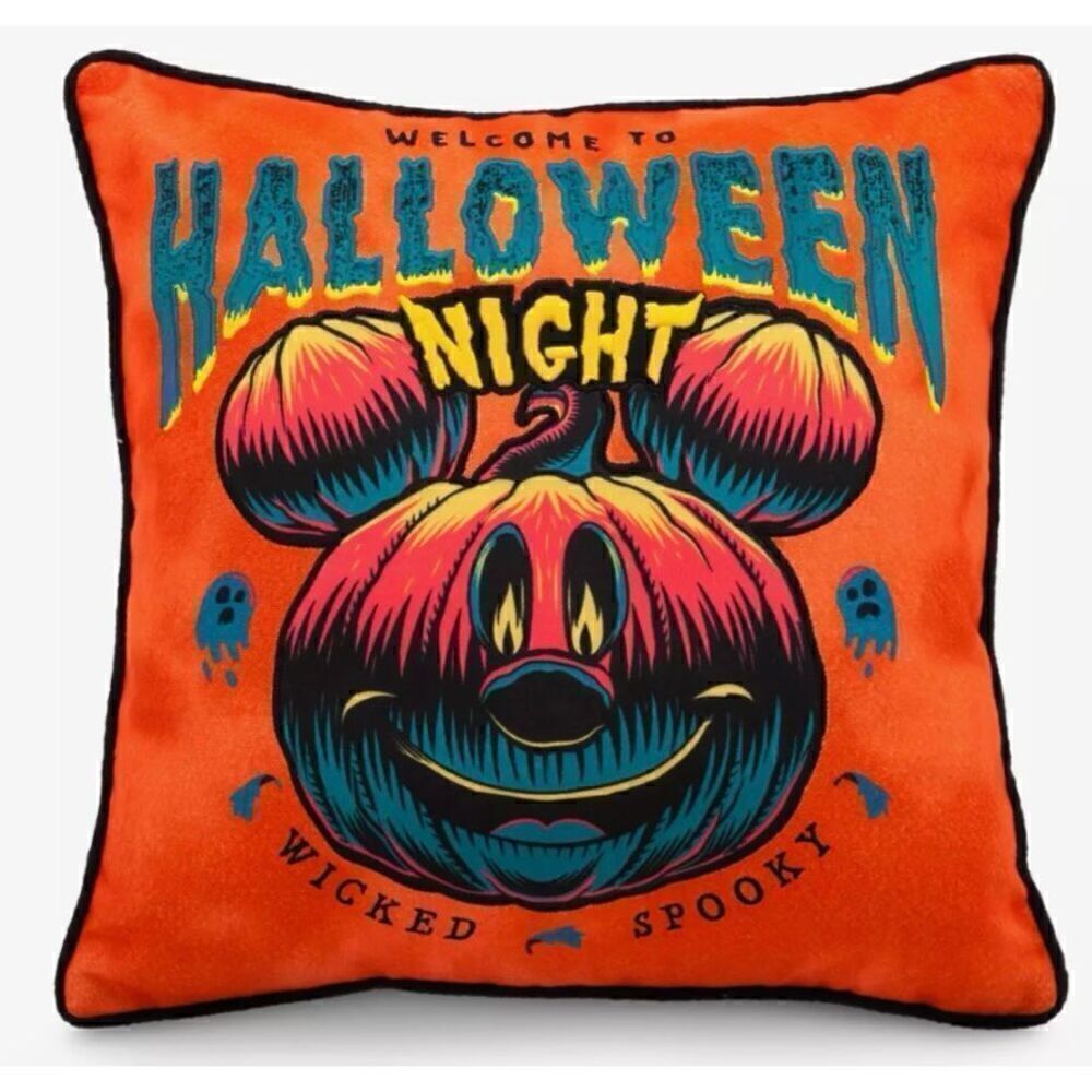 Disney Parks Mickey Mouse Halloween Night Jack-o'-Lantern Orange & Black Pillow - Picture 3 of 5